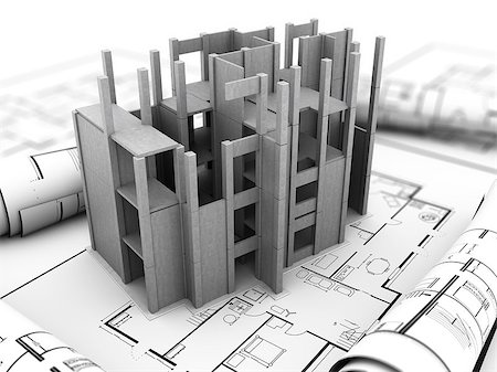 simsearch:400-06075783,k - 3d illustration of concrete building construction over blueprints Foto de stock - Super Valor sin royalties y Suscripción, Código: 400-08670815