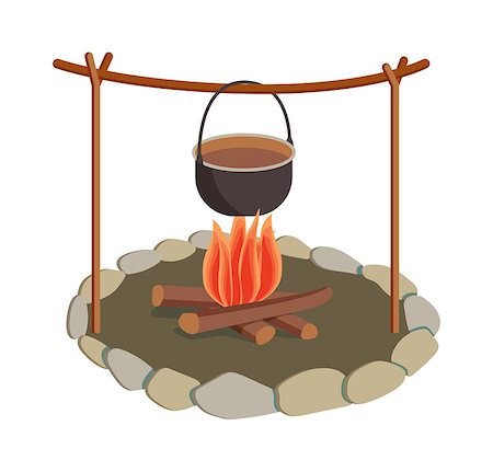 pan to the fire - Isolated bonfire with camping pot on white and pot on bonfire camping fresh warm food. Vector pot on bonfire picnic travel and pot on bonfire soup camp food. Cook heat water soup in kettle. Foto de stock - Super Valor sin royalties y Suscripción, Código: 400-08670930