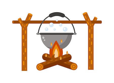 pan to the fire - Isolated bonfire with camping pot on white and pot on bonfire camping fresh warm food. Vector pot on bonfire picnic travel and pot on bonfire soup camp food. Cook heat water soup in kettle. Foto de stock - Super Valor sin royalties y Suscripción, Código: 400-08670942