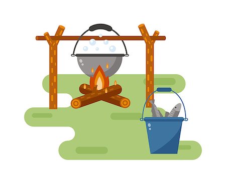 pan to the fire - Isolated bonfire with camping pot on white and pot on bonfire camping fresh warm food. Vector pot on bonfire picnic travel and pot on bonfire soup camp food. Cook heat water soup in kettle. Stock Photo - Budget Royalty-Free & Subscription, Code: 400-08670966