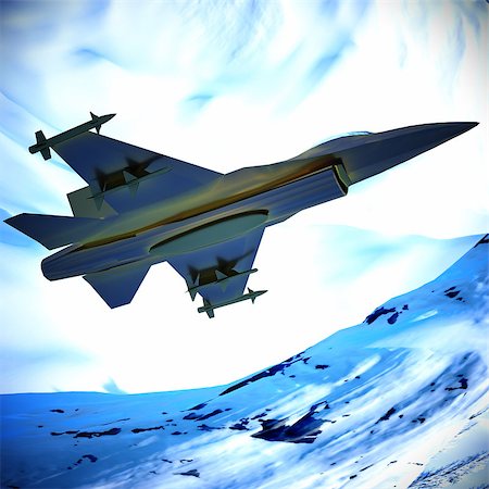 simsearch:400-04270337,k - Fighter jet loaded with missiles flying against a blue sky Foto de stock - Super Valor sin royalties y Suscripción, Código: 400-08670993