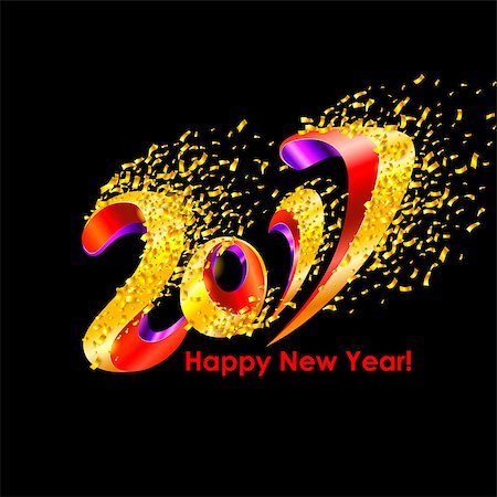 red and yellow confetti - New Year 2017 celebration background. Happy New Year colorful digital type on black background with confetti. Greeting card template. Vector illustration. Foto de stock - Super Valor sin royalties y Suscripción, Código: 400-08671013