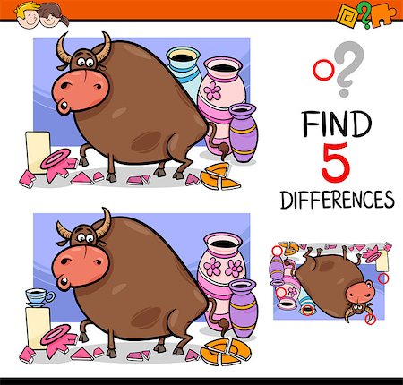 simsearch:400-08551227,k - Cartoon Illustration of Finding Differences Educational Activity Task for Preschool Children with Bull in a China Shop Saying Stock Photo - Budget Royalty-Free & Subscription, Code: 400-08671048