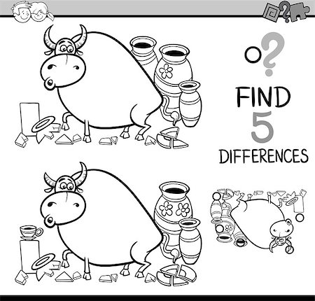 simsearch:400-08916719,k - Black and White Cartoon Illustration of Finding Differences Educational Activity Task for Preschool Children with Bull in a China Shop Saying for Coloring Book Stock Photo - Budget Royalty-Free & Subscription, Code: 400-08671049