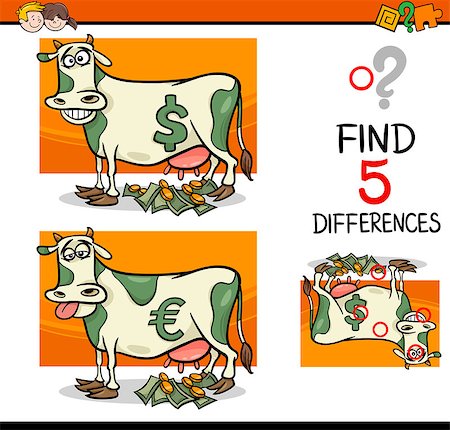 simsearch:400-08551227,k - Cartoon Illustration of Finding Differences Educational Activity Task for Preschool Children with Cash Cow Saying Stock Photo - Budget Royalty-Free & Subscription, Code: 400-08671052