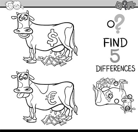simsearch:400-08551227,k - Black and White Cartoon Illustration of Finding Differences Educational Activity Task for Preschool Children with Cash Cow Saying for Coloring Book Stock Photo - Budget Royalty-Free & Subscription, Code: 400-08671053