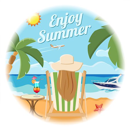 Vacation, Tourism and Summer Card Concept with Flat Icons for Mobile Applications, Web Site, Advertising like girl sits in chaise lounge with cocktail on the beach, boat, plane and palm trees. Stockbilder - Microstock & Abonnement, Bildnummer: 400-08671215