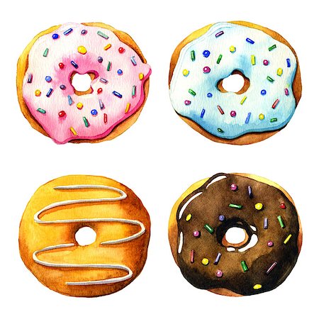 donut hole - Four watercolor donut on a white background Stock Photo - Budget Royalty-Free & Subscription, Code: 400-08671283