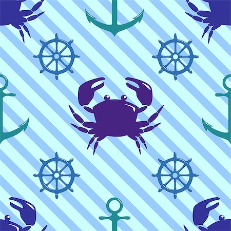 people on boat with underwater view - Seamless pattern with crab, steering wheel and anchor on striped diagonal background. Vector illustration. Stock Photo - Budget Royalty-Free & Subscription, Code: 400-08671815