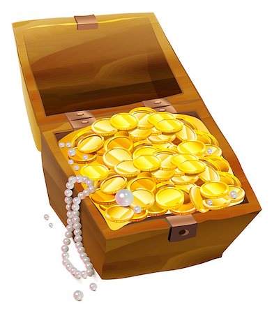 Open old chest with gold coins and pearls. Pirate Treasure Chest. Isolated on white vector cartoon illustration Stock Photo - Budget Royalty-Free & Subscription, Code: 400-08672027