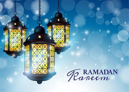 Ramadan Lantern or Fanous with Ramadan Kareem Greetings in a blurry blue Background. 3D Realistic Vector Illustration Photographie de stock - Aubaine LD & Abonnement, Code: 400-08672063