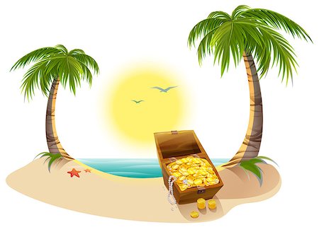 Pirate Treasure Chest on tropical island. Vector cartoon illustration Stock Photo - Budget Royalty-Free & Subscription, Code: 400-08672075