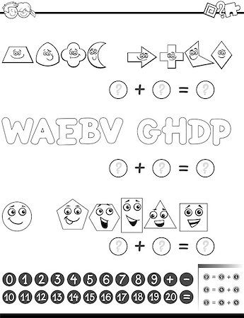simsearch:400-08965099,k - Black and White Cartoon Illustration of Educational Mathematical Addition Activity Task for Preschool Children with Shapes and Letters for Coloring Book Stock Photo - Budget Royalty-Free & Subscription, Code: 400-08672100