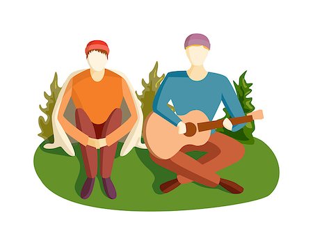 simsearch:400-08572683,k - Romantic young man playing an acoustic guitar song, sitting on green grass wooden floor. Young man playing guitar and sings song. Guitar song vector illustration camping man character. Stock Photo - Budget Royalty-Free & Subscription, Code: 400-08672144