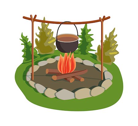 pan to the fire - Isolated bonfire with camping pot on white and pot on bonfire camping fresh warm food. Vector pot on bonfire picnic travel and pot on bonfire soup camp food. Cook heat water soup in kettle. Foto de stock - Super Valor sin royalties y Suscripción, Código: 400-08672143