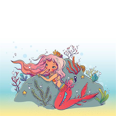 Vector Illustration of a Mermaid and Octopus King Under the Sea Hand Drawn, Doodle Cartoon Character Stock Photo - Budget Royalty-Free & Subscription, Code: 400-08672188