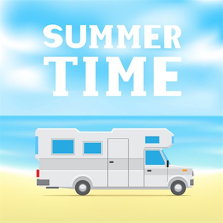 The text summer time on blue sky and sea background. Camp car on the beach. White trailer on the sand Photographie de stock - Aubaine LD & Abonnement, Code: 400-08672283