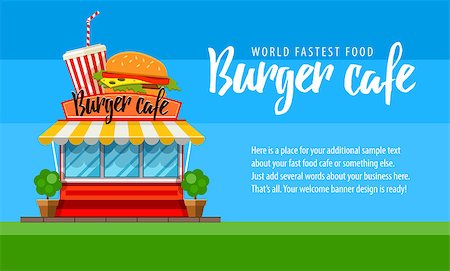 Fast food cafe store flyer or banner design, shop-window facade, hamburger and cola drink sign, front view. Flat vector illustration Stockbilder - Microstock & Abonnement, Bildnummer: 400-08672515