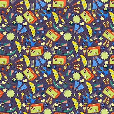 Cartoon hand-drawn doodles on the subject of summer holidays theme seamless pattern. Vector colorful background for web, mobile and print. Stock Photo - Budget Royalty-Free & Subscription, Code: 400-08672667