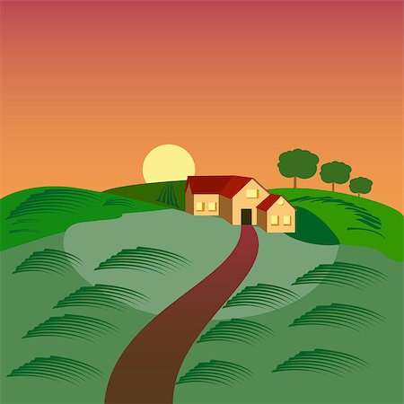 Farm with the house, barn and green seeding field, landscape at sunset. Stock Photo - Budget Royalty-Free & Subscription, Code: 400-08673247