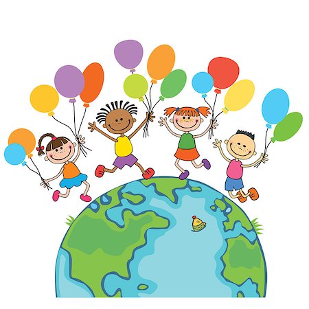 four happy jumping kids round the globe, with balloons isolated background cartoon vector illustration Photographie de stock - Aubaine LD & Abonnement, Code: 400-08673268