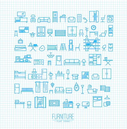 Furniture and home decor icon set in modern flat style drawing with light blue lines on white background Stock Photo - Budget Royalty-Free & Subscription, Code: 400-08673407