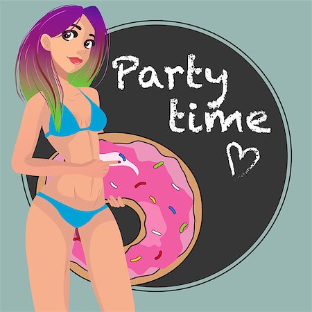 simsearch:6109-06195501,k - Sexy girl in a bikini with pink donut. Young woman in a blue bathing suit. she is bright colorful hair. Stock Photo - Budget Royalty-Free & Subscription, Code: 400-08673462