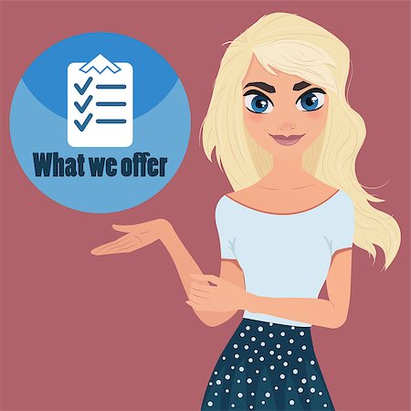 Beautiful woman shows special offer or checklist. Character cartoon design vector Illustration. Girl and check mark in list. The Document put the blue check mark in checklist. Foto de stock - Super Valor sin royalties y Suscripción, Código: 400-08673463