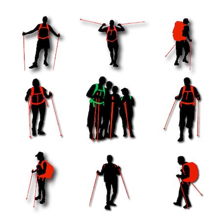 simsearch:400-08713043,k - A set of hiker silhouettes vector 9 hikers posing with backpacks and sticks Fotografie stock - Microstock e Abbonamento, Codice: 400-08673900