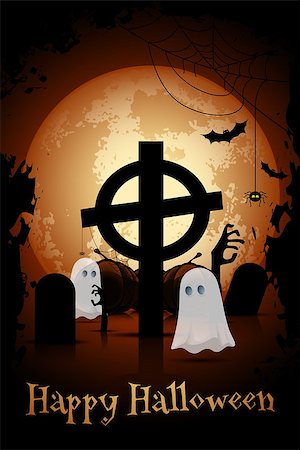 Halloween Zombie Party Poster. Holiday Card Template. Grave cross, zombie hands, bats, ghosts and spider. Stock Photo - Budget Royalty-Free & Subscription, Code: 400-08680191