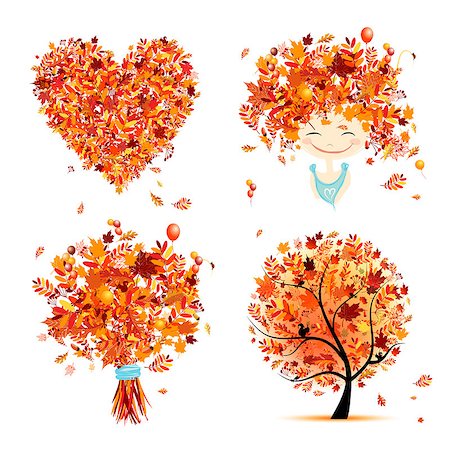 simsearch:400-05254593,k - Autumn set for your design: girl, bouquet, tree, heart. Vector illustration Stock Photo - Budget Royalty-Free & Subscription, Code: 400-08680233