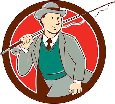Illustration of a vintage fly fisherman tourist wearing bowler hat and vest with fly rod and reel set inside circle done in cartoon style . Stock Photo - Budget Royalty-Free & Subscription, Code: 400-08680365