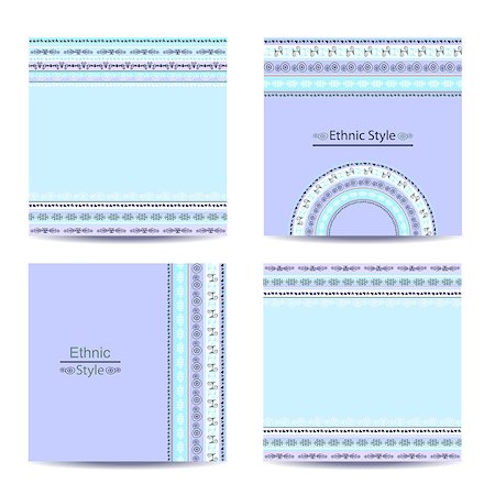 Set of four square cards with ethnic design. Stylish geometric colorful backgrounds. Templates for invitations, postcards with ornaments. Vector illustration. Stock Photo - Budget Royalty-Free & Subscription, Code: 400-08680412