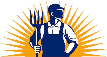 Illustration of organic farmer holding pitchfork looking to the side with one hand in pocket viewed from front with sunburst in the background done in retro style. Stock Photo - Budget Royalty-Free & Subscription, Code: 400-08680432