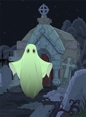 Halloween illustration of cute ghost on cemetery background Stock Photo - Budget Royalty-Free & Subscription, Code: 400-08680524