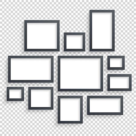 simsearch:400-08404730,k - Picture frames vector. Photo art gallery. Dark Blank Frames Collection on Wall with Transparent Realistic Shadow. Modern Decor Stock Photo - Budget Royalty-Free & Subscription, Code: 400-08680543