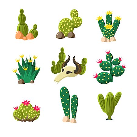 Icons of cactuses in the rocks with a skull, set of vector illustrations for desert landscape Stock Photo - Budget Royalty-Free & Subscription, Code: 400-08680596