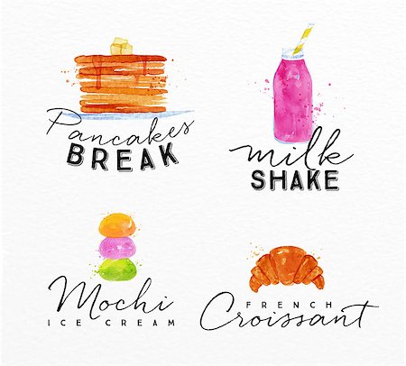 Set of watercolor labels lettering pancakes break, milkshake, mochi ice cream, french croissant drawing on watercolor background Stock Photo - Budget Royalty-Free & Subscription, Code: 400-08680662
