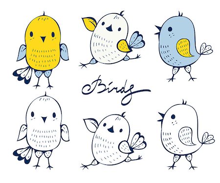 simsearch:400-08402995,k - Vector set of  funny cartoon birds, isolated from a background. Monochrome and color version. Hand-drawn illustration. Foto de stock - Super Valor sin royalties y Suscripción, Código: 400-08680706
