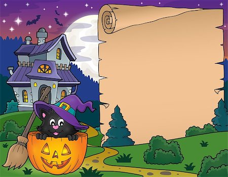 simsearch:400-04133143,k - Halloween parchment with cat in pumpkin - eps10 vector illustration. Stock Photo - Budget Royalty-Free & Subscription, Code: 400-08680814