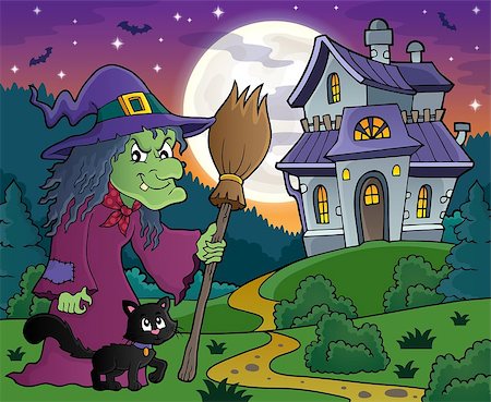 simsearch:400-04236811,k - Witch with cat and broom theme image 4 - eps10 vector illustration. Photographie de stock - Aubaine LD & Abonnement, Code: 400-08680854