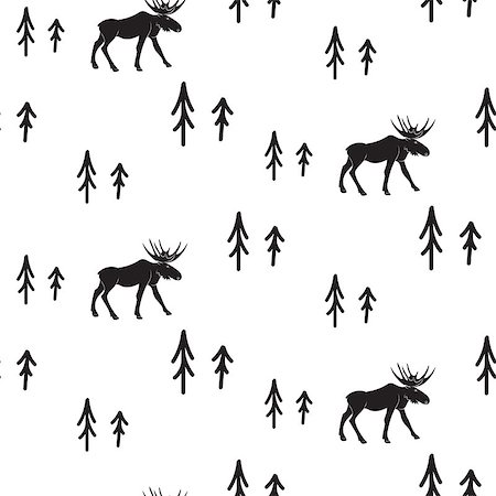 simsearch:400-08814672,k - Scandinavian simple style black and white deer seamless pattern. Deers and pines monochrome silhouette pattern. Stock Photo - Budget Royalty-Free & Subscription, Code: 400-08681227