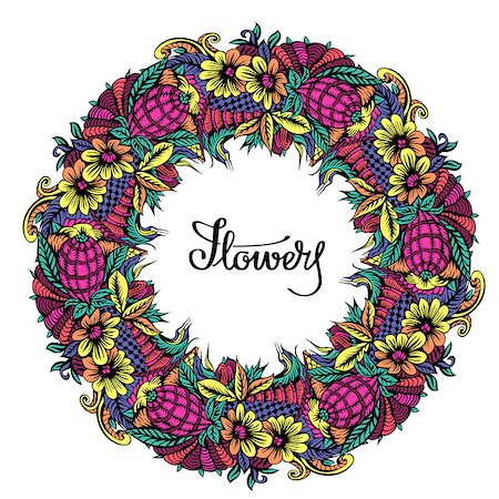 simsearch:400-08020817,k - Bright round frame with wreath of flowers. Hand-drawn illustration. Vector. Foto de stock - Super Valor sin royalties y Suscripción, Código: 400-08681365