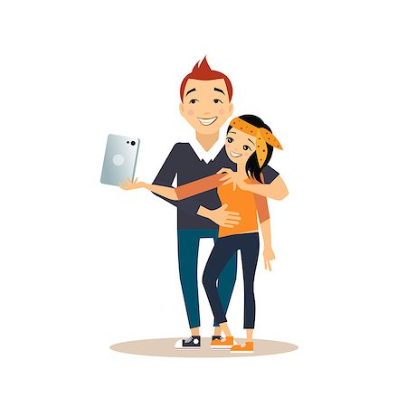 friends taking a selfie - Young girl and guy taking selfie with a tab. Vector illustration in flat style Stock Photo - Budget Royalty-Free & Subscription, Code: 400-08681442