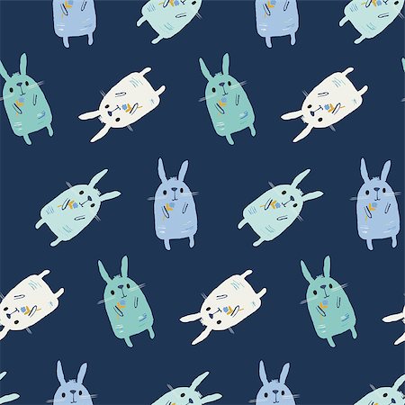 Seamless pattern with funny cartoon Bunnies on a dark background. Hand-drawn illustration. Vector. Stock Photo - Budget Royalty-Free & Subscription, Code: 400-08681581
