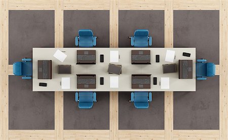 Top view of a modern boardroom with meeting table and floor in concrete and wooden paneling - 3d rendering Stock Photo - Budget Royalty-Free & Subscription, Code: 400-08694414