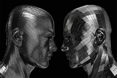 Two Robots in profile looking at each other isolated on a black background Stock Photo - Budget Royalty-Free & Subscription, Code: 400-08694678