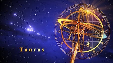 simsearch:400-08697533,k - Armillary Sphere And Constellation Taurus Over Blue Background. 3D Illustration. Stock Photo - Budget Royalty-Free & Subscription, Code: 400-08694759