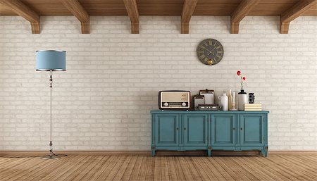 simsearch:400-07574774,k - Retro living room with old radio and vintage objects on blue wooden sideboard - 3d rendering Fotografie stock - Microstock e Abbonamento, Codice: 400-08694845