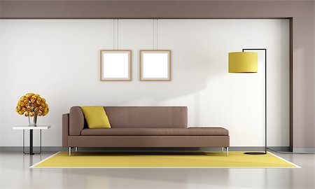 Minimalist living room with brown sofa on yellow carpet - 3d rendering Stock Photo - Budget Royalty-Free & Subscription, Code: 400-08695309